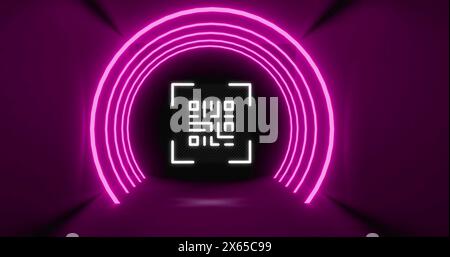 Image of lights and qr code in purple space Stock Photo