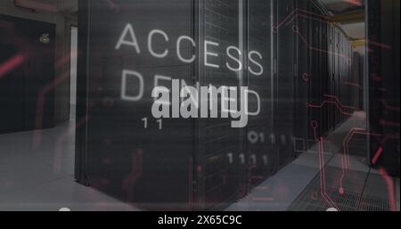 Image of access denied text over data processing and computer motherboard and servers Stock Photo