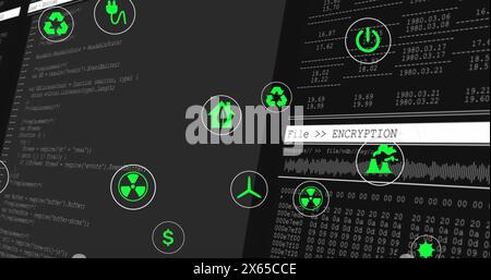 Image of multiple digital icons over data processing against black background Stock Photo