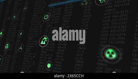 Image of multiple digital icons over data processing against black background Stock Photo