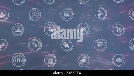 Image of multiple icons in circles moving against illuminated lines Stock Photo