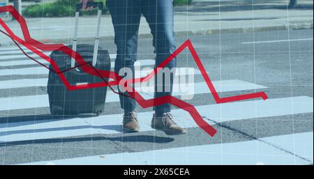 Image of financial data processing with red lines over businessman crossing road Stock Photo