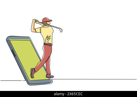 Single one line drawing man golf player swing golf club getting out of smartphone screen. Mobile sports play matches. Online golf game with live mobil Stock Vector