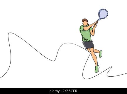 Single one line drawing young happy female tennis player hit opponent's ball. Tennis professional tournament. Sport exercise healthy concept. Continuo Stock Vector