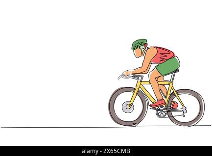 Single continuous line drawing young energetic man bicycle racer improve his speed at training session. Racing cyclist concept. Healthy cycling sport Stock Vector