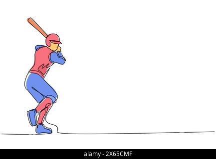 Continuous one line drawing young agile man baseball player ready to hit the ball. Baseball league professional tournament. Sport exercise healthy con Stock Vector