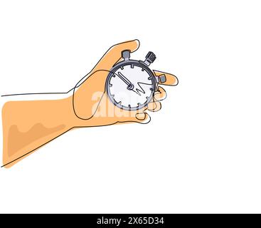 Single continuous line drawing human hand holding stopwatch. Arrow, clock, meter. Measurement and time management concept for banner, website design o Stock Vector