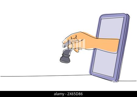 Single continuous line drawing player hand holds chess knight horse through mobile phone. Smartphone with chess games app. Mobile sport stream champio Stock Vector