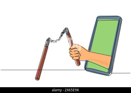 Single one line drawing hand holding nunchaku through mobile phone. Concept of video games, e-sport, entertainment application for smartphones. Modern Stock Vector