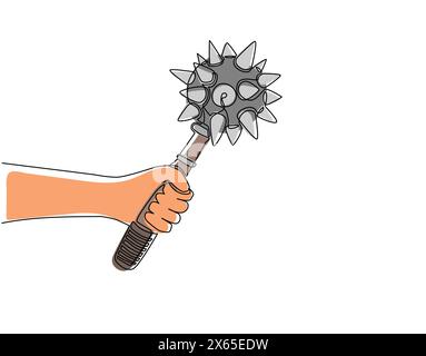 Single continuous line drawing hand holding mace weapon medieval. Military war warrior icon steel mace. Power game black iron. Heavy protection royal Stock Vector