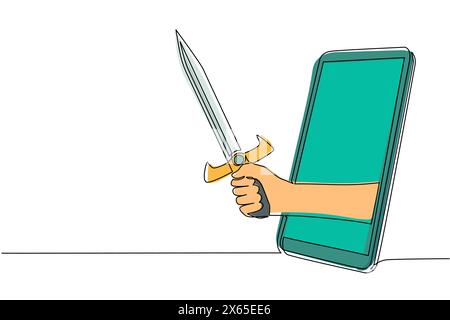 Single continuous line drawing hand hold sword warrior through mobile phone. Concept of mobile games, e-sport, entertainment application for smartphon Stock Vector