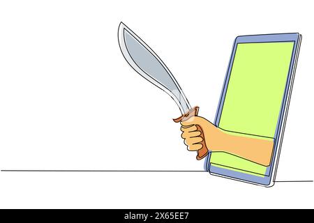Continuous one line drawing hand hold machetes knife with curved blade through mobile phone. Concept of mobile games, e-sport, entertainment applicati Stock Vector