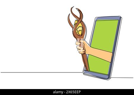 Continuous one line drawing hand holding wizards magic staff through mobile phone. Concept of mobile games, e-sport, entertainment application for sma Stock Vector