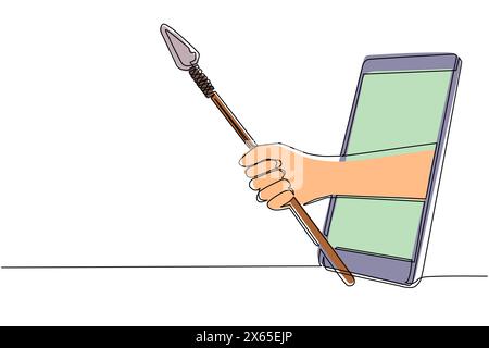 Single one line drawing hand holding ancient stone age spear through mobile phone. Concept of video games, e-sport, entertainment application for smar Stock Vector