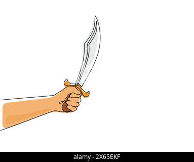 Single continuous line drawing man hand hold machete. Hatchet knife with long steel blade. Hand tool for cutting branches and wood known as machete. O Stock Vector