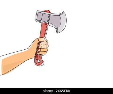 Single one line drawing hand holding wooden axe. Forester ax icon. Axes with wooden handle. Camping Axe, Lumberjack Axe. Illustration of weapon ax. Mo Stock Vector