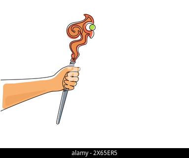 Single one line drawing hand holding wizards wooden staff. Bending stick witch magician halloween costume. Hand drawn black sketch outline engraving. Stock Vector