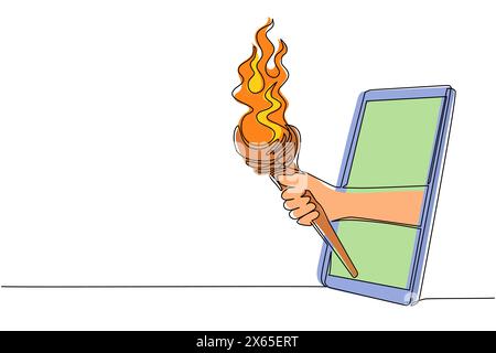 Single one line drawing hand holding prehistoric torch through mobile phone. Concept of mobile games, e-sport, entertainment application for smartphon Stock Vector