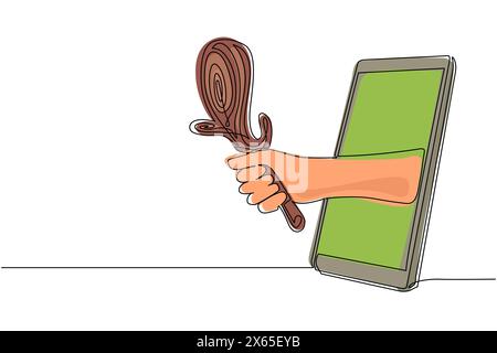 Continuous one line drawing hand holding weapon cudgel through mobile phone. Concept of video games, e-sport, entertainment application for smartphone Stock Vector