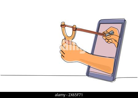 Single one line drawing hand holding wooden slingshot through mobile phone. Concept of video games, e-sport, entertainment application for smartphones Stock Vector