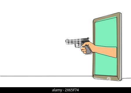 Single one line drawing hand holding handgun through mobile phone. Concept of police officer video games, e-sport, entertainment application for smart Stock Vector