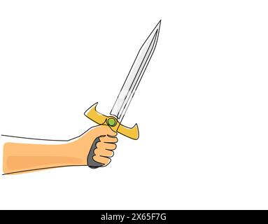 Single continuous line drawing man hand hold sword warrior. Hand of warrior with sword. Design of warriors hand holding medieval sharp sword. Dynamic Stock Vector