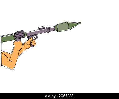 Single continuous line drawing hand holding rocket launcher. Rocket launcher with missiles. Soviet Russian rocket launchers and grenades for RPG-7. Ga Stock Vector