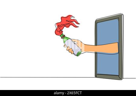 Single one line drawing hand holding molotov cocktail through mobile phone. Concept of battle video games, e-sport, entertainment application for smar Stock Vector