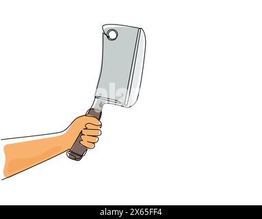 Continuous one line drawing hand holding meat kitchen cleaver, butcher knife. Sharp, utensil. Equipment concept. Cleaver used for topics like kitchen, Stock Vector