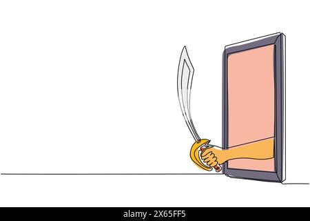 Continuous one line drawing hand holding cutlass pirate saber through mobile phone. Concept of pirates video games, e-sport, entertainment application Stock Vector
