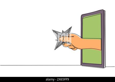 Continuous one line drawing hand holding blade shuriken through mobile phone. Concept of ninja video games, e-sport, entertainment application for sma Stock Vector
