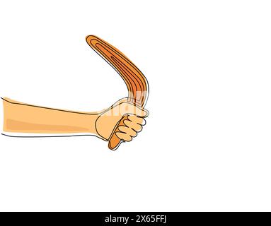 Single one line drawing hand holding boomerang, ancient aboriginal hunting tool from Australia. Traditional souvenir, Australian native symbols. Conti Stock Vector