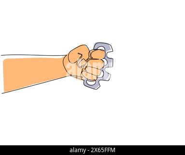 Continuous one line drawing hand with brass knuckles. Vintage retro woodcut criminal brass knuckle weapon. Can be used like emblem, logo, badge. Singl Stock Vector