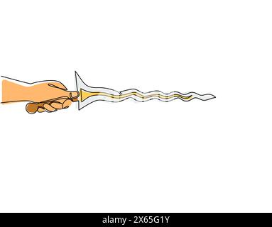 Single continuous line drawing hand holding keris traditional weapon from Indonesia. Javanese keris with its elaborately carved handle and wavy blade Stock Vector