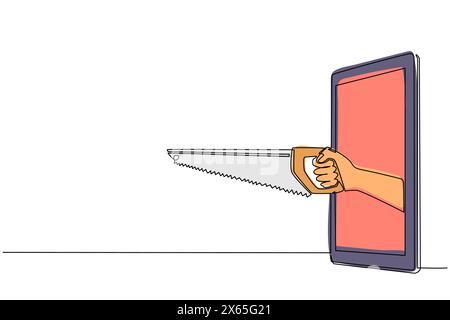 Single continuous line drawing hand holding saw through mobile phone. Concept of lumberjack video games, e-sport, entertainment application for smartp Stock Vector