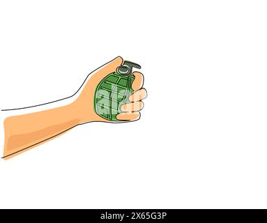 Single one line drawing hand holding grenade. Army explosive weapon equipment symbol icon isolated. Offensive individual soldier weapon. Modern contin Stock Vector