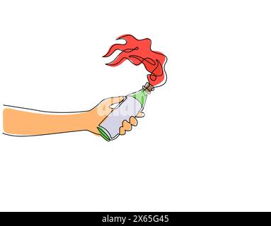 Single one line drawing hand holding molotov cocktail, handmade bomb from bottle glass in flame fire, anarchy demonstrator symbol icon. Modern continu Stock Vector