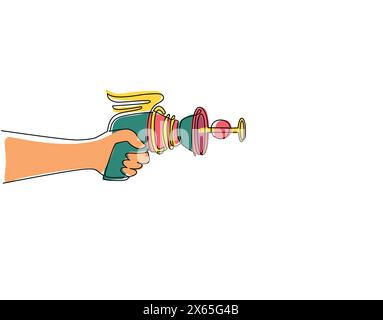 Single continuous line drawing hand holding retro space blaster, ray gun, laser weapon. Gun toy blaster for kids game with handgun and ray gun of alie Stock Vector