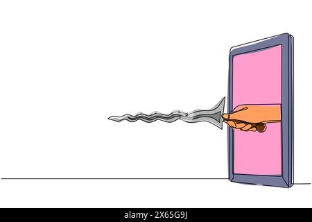 Continuous one line drawing hand holding keris through mobile phone. Concept of fighting video games, e-sport, entertainment application for smartphon Stock Vector