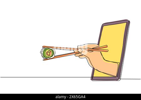 Continuous one line drawing hand holding sushi through mobile phone. Concept of restaurant order delivery online food. Application for smartphones. Si Stock Vector