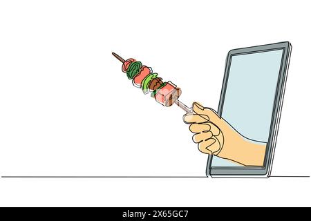 Single continuous line drawing hand holding kebab through mobile phone. Concept of restaurant order delivery online food. Application for smartphones. Stock Vector