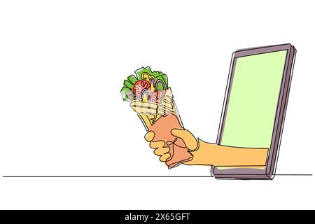 Single continuous line drawing hand holding shawarma through mobile phone. Restaurant order delivery online food concept. Application for smartphones. Stock Vector