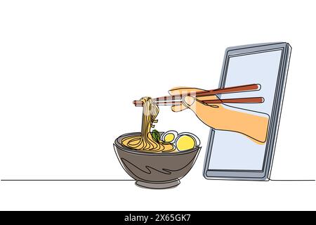 Single continuous line drawing hand holding ramen bowl with chopsticks through mobile phone. Concept of restaurant order delivery online food. Applica Stock Vector