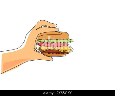 Single continuous line drawing hand holding burger. Hamburger. Delicious fast food. Cutlet with vegetables in bun with sesame seeds. Hand holding hamb Stock Vector
