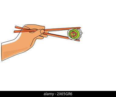 Single one line drawing hand holding Japanese, Chinese, Asian sushi, roll with pair of wooden chopsticks. Hand with chopsticks and sushi, roll with sa Stock Vector