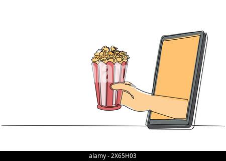 Single continuous line drawing male hand holding popcorn through mobile phone. Concept of cinema restaurant order delivery online food. Application fo Stock Vector