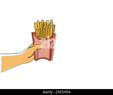 Continuous one line drawing hand holding french fries in paper box. Potato snack fast food menu symbol object. For restaurant or cafe drink menu. Sing Stock Vector