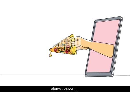 Single one line drawing hand holding pizza slice through mobile phone. Concept of restaurant order delivery online food. Application for smartphones. Stock Vector