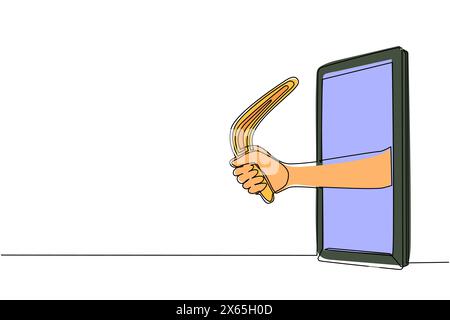 Single continuous line drawing hand holding boomerang through mobile phone. Concept of agility video games, e-sport, entertainment application for sma Stock Vector