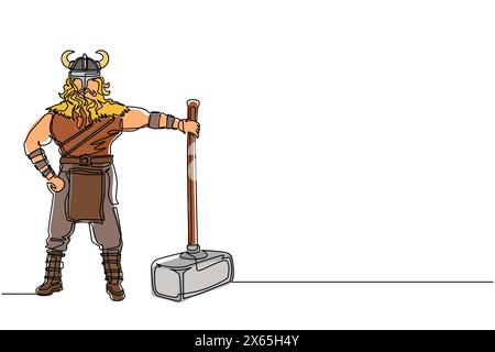 Single continuous line drawing male viking with strong physique and bellicose air stands holding hammer. Norseman warrior wearing horned helmet with b Stock Vector